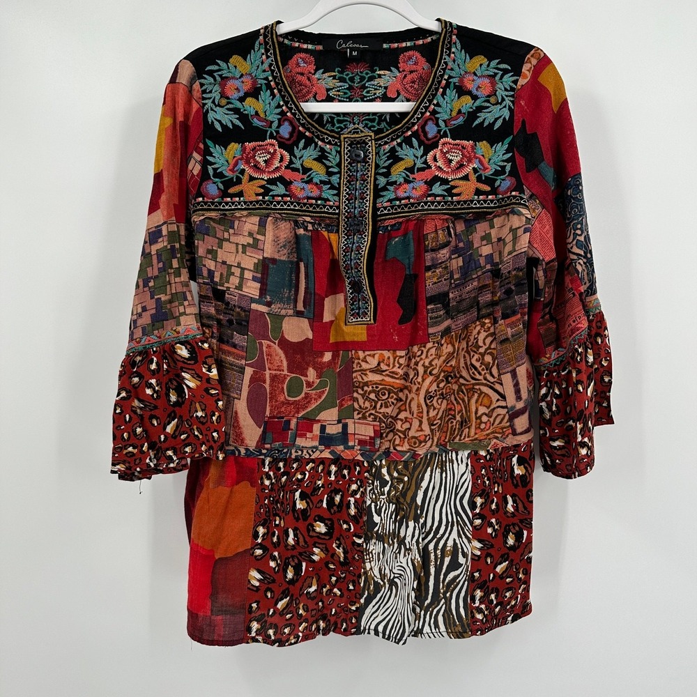 Caleaaa‎ Womens Boho Floral Patchwork Top Size M Maximalist Peasant Statement